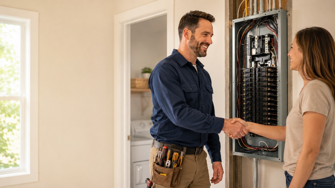 A licensed electrician shaking hands with a homeowner in front of their open electrical panel
